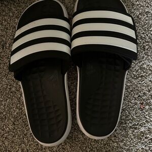 Adidas Black and White Striped Slides